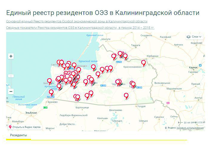 Карта резидентов ОЭЗ  в Калининградской области